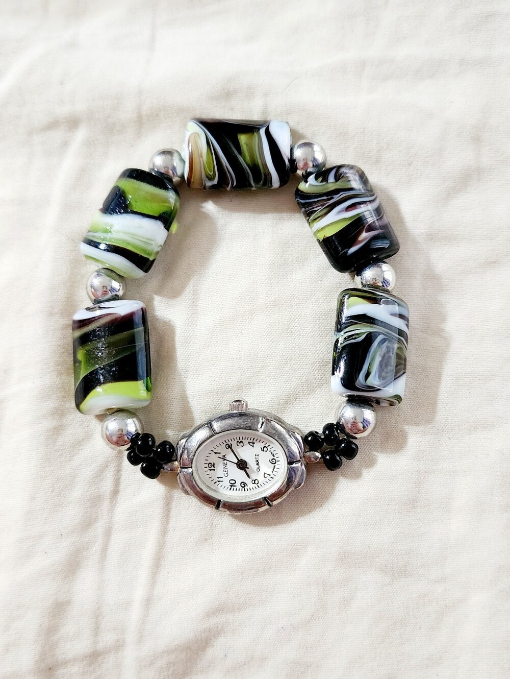 Geneva Beaded Stretch Watch in Lime Green, Black & White